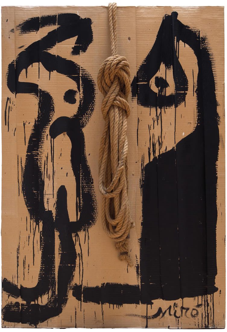 琼·米罗（JoanMiró），绘画，1977年，瓦楞纸板上的房屋涂料和绳子安装在木头上，130 x 90厘米。由市长提供