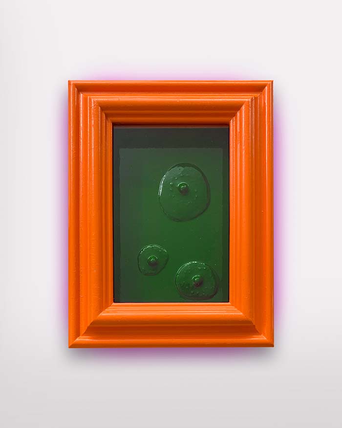 Oliver Cain, HHHHH. Ceramic nipples with background spray-painted in wooden frame painted in acrylic